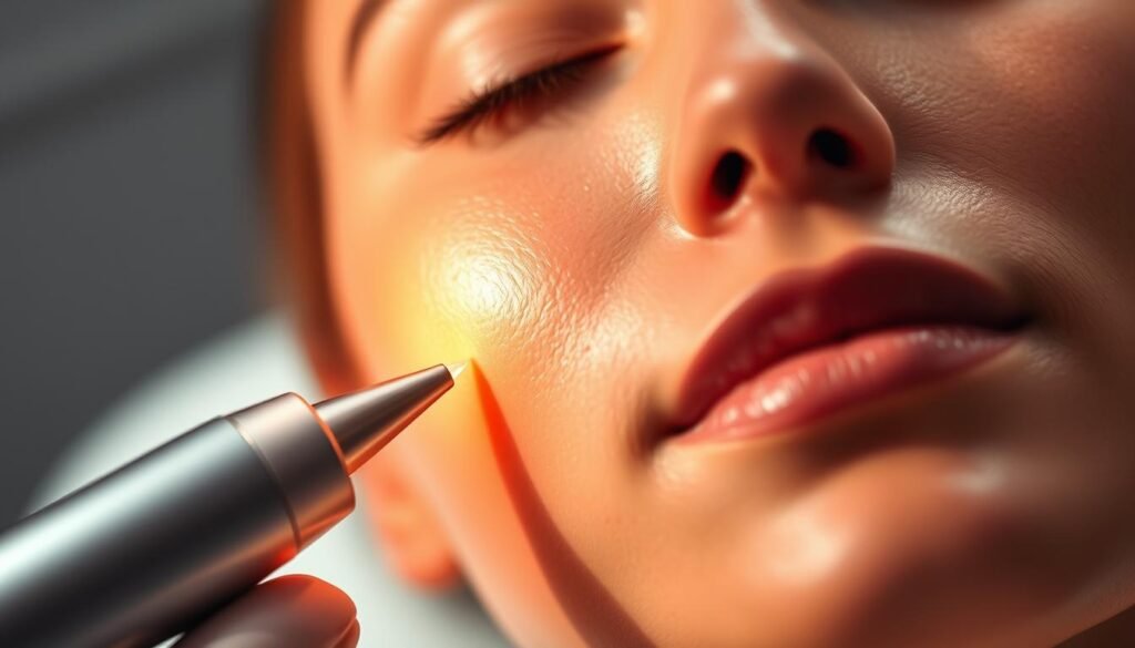 A close-up view of a woman's face, radiating a serene glow, as she undergoes a Glowin Beaute oligio x RF treatment. Delicate, luminous skin is highlighted by soft, directional lighting that accentuates the contours of her features. The middle ground shows the handpiece of the RF device gently gliding across her cheek, with a subtle energy field emanating from the tip. In the background, a blurred, minimalist backdrop creates a sense of tranquility and focus on the treatment process. The overall mood is one of calm, professional expertise, and the transformative power of the Glowin Beaute oligio x RF technology. A close-up view of a woman's face, radiating a serene glow, as she undergoes a Glowin Beaute oligio x RF treatment. Delicate, luminous skin is highlighted by soft, directional lighting that accentuates the contours of her features. The middle ground shows the handpiece of the RF device gently gliding across her cheek, with a subtle energy field emanating from the tip. In the background, a blurred, minimalist backdrop creates a sense of tranquility and focus on the treatment process. The overall mood is one of calm, professional expertise, and the transformative power of the Glowin Beaute oligio x RF technology.