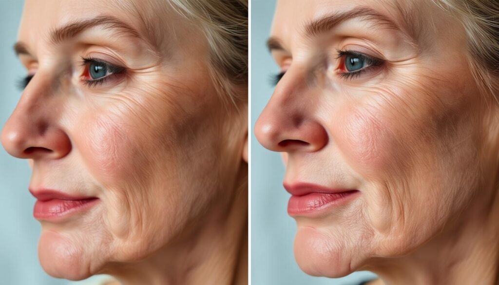 A detailed before-and-after comparison photograph showcasing the remarkable collagen regeneration effects of the derBeaute BTL Exion treatment. The left side depicts skin with diminished elasticity and visible signs of aging, while the right side reveals a dramatically rejuvenated complexion - tighter, smoother, and more radiant. Captured under soft, diffused lighting to accentuate the skin's transformed texture and tone. A precise 45-degree angle highlights the striking contrast between the two states, inviting the viewer to marvel at the transformative power of this cutting-edge aesthetic procedure. A detailed before-and-after comparison photograph showcasing the remarkable collagen regeneration effects of the derBeaute BTL Exion treatment. The left side depicts skin with diminished elasticity and visible signs of aging, while the right side reveals a dramatically rejuvenated complexion - tighter, smoother, and more radiant. Captured under soft, diffused lighting to accentuate the skin's transformed texture and tone. A precise 45-degree angle highlights the striking contrast between the two states, inviting the viewer to marvel at the transformative power of this cutting-edge aesthetic procedure.