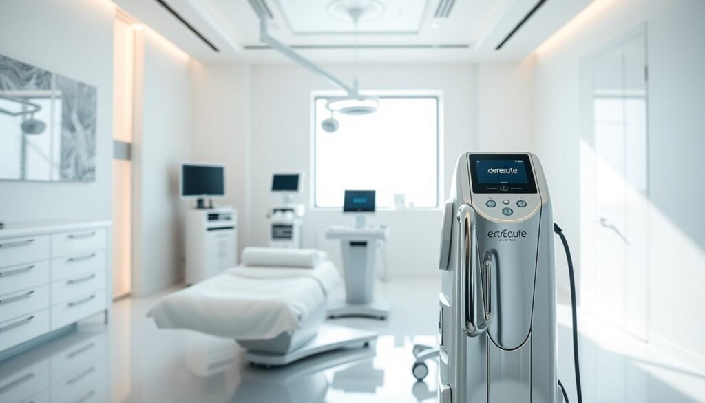 A serene, clinical environment with a sleek, modern aesthetic. In the foreground, the derBeaute BTL Exion collagen induction therapy device stands prominently, its ergonomic design and gleaming chrome finish catching the light. The middle ground features a medical-grade treatment table, crisp white linens, and state-of-the-art safety monitoring equipment. In the background, a large window provides natural light, casting a soft glow throughout the space. The overall atmosphere conveys a sense of professionalism, efficiency, and patient-centric care. A serene, clinical environment with a sleek, modern aesthetic. In the foreground, the derBeaute BTL Exion collagen induction therapy device stands prominently, its ergonomic design and gleaming chrome finish catching the light. The middle ground features a medical-grade treatment table, crisp white linens, and state-of-the-art safety monitoring equipment. In the background, a large window provides natural light, casting a soft glow throughout the space. The overall atmosphere conveys a sense of professionalism, efficiency, and patient-centric care.