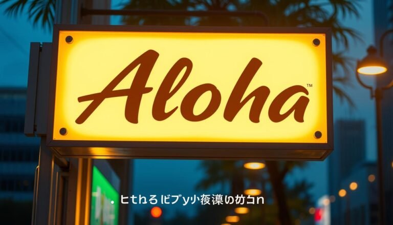 A brightly lit outdoor advertisement sign with the stylized "Aloha" brand name prominently displayed. The sign is backlit with warm, glowing lights, casting a soft, inviting ambiance across the scene. The sign is mounted on a sleek, modern metal frame, with a minimalist design that allows the vibrant illumination to take center stage. The background features a slightly blurred urban landscape, hinting at the sign's placement in a bustling city environment. The overall composition emphasizes the adjustable brightness controls of the advertisement sign, capturing the essence of the "廣告招牌的亮度調節:如何調節亮度" section title.