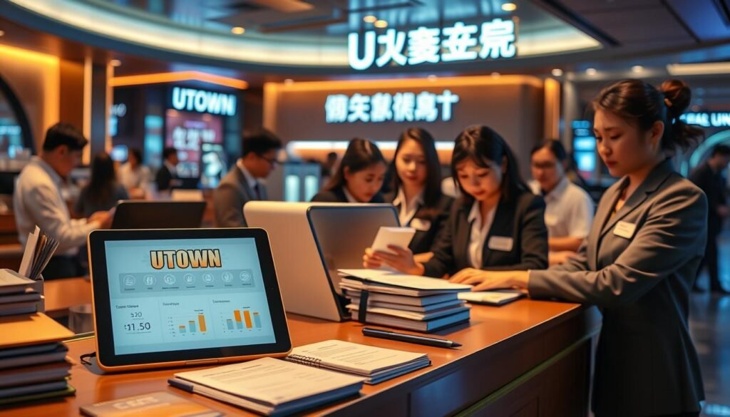 A bustling UTown reception desk, bathed in warm, inviting lighting. On the desk, a sleek tablet displays a visual dashboard tracking "高效問題解決率" metrics, surrounded by neatly organized files and stationery. In the background, a team of attentive customer service representatives work diligently, their expressions conveying a sense of professionalism and dedication. The scene radiates an atmosphere of efficiency, problem-solving, and a commitment to delivering exceptional customer experiences within the UTown entertainment complex. A bustling UTown reception desk, bathed in warm, inviting lighting. On the desk, a sleek tablet displays a visual dashboard tracking "高效問題解決率" metrics, surrounded by neatly organized files and stationery. In the background, a team of attentive customer service representatives work diligently, their expressions conveying a sense of professionalism and dedication. The scene radiates an atmosphere of efficiency, problem-solving, and a commitment to delivering exceptional customer experiences within the UTown entertainment complex.