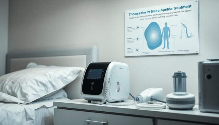 A clinical-looking room with a sleek, modern iCareCPAP sleep apnea machine prominently displayed on a nightstand. The machine is surrounded by various medical devices and accessories, such as nasal masks, tubing, and a humidifier. The scene is illuminated by soft, diffused lighting, creating a calming and professional atmosphere. In the background, a medical diagram or infographic showcases the importance of choosing the right sleep apnea treatment. The overall image conveys the significance of selecting the appropriate iCareCPAP sleep apnea machine and respiratory equipment for effective treatment.