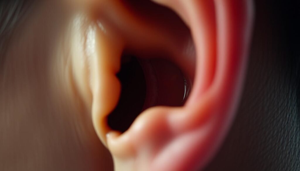A close-up view of a human ear, subtly tilted and illuminated from the side, revealing the delicate structures within. The eardrum, ossicles, and inner ear labyrinth are prominently featured, with a slightly blurred, dreamlike quality to the image. The overall tone is one of clinical precision, yet maintains a sense of organic, natural beauty. Soft, diffused lighting casts gentle shadows, highlighting the intricate anatomy and emphasizing the importance of this critical sensory organ. A close-up view of a human ear, subtly tilted and illuminated from the side, revealing the delicate structures within. The eardrum, ossicles, and inner ear labyrinth are prominently featured, with a slightly blurred, dreamlike quality to the image. The overall tone is one of clinical precision, yet maintains a sense of organic, natural beauty. Soft, diffused lighting casts gentle shadows, highlighting the intricate anatomy and emphasizing the importance of this critical sensory organ.