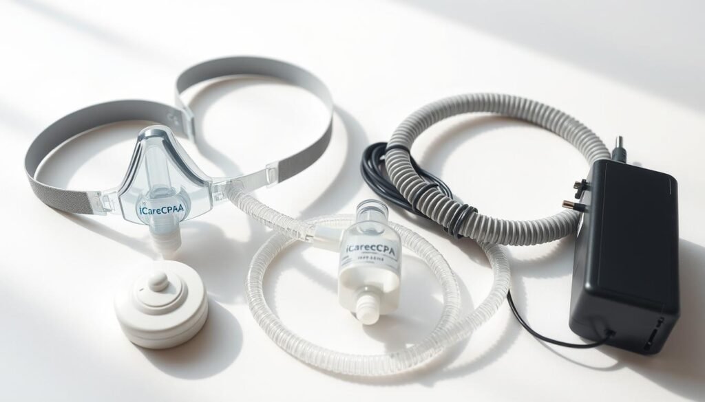 A detailed image of an array of sleep apnea machine accessories, including the iCareCPAP branded CPAP mask, tubing, humidifier, and power adapter, arranged on a clean, minimalist white surface. Soft, natural lighting illuminates the various components, highlighting their forms and textures. The image has a clinical, medical aesthetic, conveying the essential function and components of a sleep apnea treatment system. A detailed image of an array of sleep apnea machine accessories, including the iCareCPAP branded CPAP mask, tubing, humidifier, and power adapter, arranged on a clean, minimalist white surface. Soft, natural lighting illuminates the various components, highlighting their forms and textures. The image has a clinical, medical aesthetic, conveying the essential function and components of a sleep apnea treatment system.