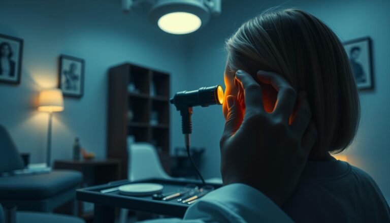 A dimly lit medical clinic, with a focus on a patient undergoing an ear treatment. In the foreground, a doctor's hands carefully examining the patient's ear using a otoscope. The middle ground shows various medical instruments and equipment neatly arranged on a tray. The background depicts a soothing, calming atmosphere with soft, indirect lighting and subtle wall decor. The scene conveys a sense of professionalism, care, and the latest advancements in diagnosing and treating inner ear imbalance issues.