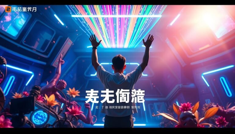 A dynamic scene showcasing the "Telecombrother" brand's "轉台優惠" promotion. A central figure stands amidst a vibrant futuristic landscape, hands raised triumphantly as colorful energy beams radiate outward, symbolizing the excitement and value of the offer. The environment blends sleek technology with organic flourishes, creating a sense of technological advancement and consumer empowerment. Dramatic lighting casts dramatic shadows, heightening the sense of drama and importance. The overall mood is one of celebration, progress, and the empowerment of the Telecombrother customer.
