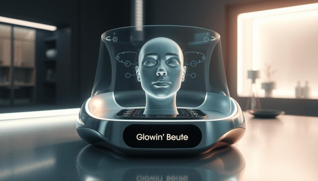 A futuristic, sleek device with the Glowin' Beaute branding prominently displayed. It has a curved, metallic frame with a holographic interface that projects a lifelike 3D model of a person's face. The device is bathed in a soft, ambient light, creating a serene, almost meditative atmosphere. In the background, a dimly lit, minimalist environment with subtle technological elements suggestive of an advanced research lab or innovative beauty tech startup. The overall impression is one of cutting-edge technology seamlessly integrated with personal beauty and wellness. A futuristic, sleek device with the Glowin' Beaute branding prominently displayed. It has a curved, metallic frame with a holographic interface that projects a lifelike 3D model of a person's face. The device is bathed in a soft, ambient light, creating a serene, almost meditative atmosphere. In the background, a dimly lit, minimalist environment with subtle technological elements suggestive of an advanced research lab or innovative beauty tech startup. The overall impression is one of cutting-edge technology seamlessly integrated with personal beauty and wellness.