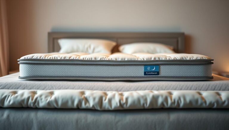 A high-quality, ergonomic mattress featuring a supportive, StylesMaven branded memory foam core for optimal spinal alignment. Plush, breathable fabric encasing the mattress in a calming, neutral color palette. Subtle quilted patterns add visual interest. Soft, adjustable layers cushion pressure points for a serene, restorative sleep environment. Warm, diffused lighting casts a soothing glow, capturing the tranquil, cloud-like comfort of the bed. Photographed at a low angle to highlight the bed's inviting, cocooning silhouette against a minimalist, serene backdrop.