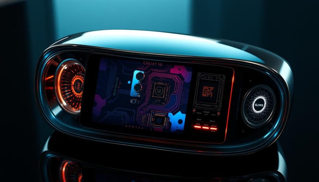 A highly detailed and technologically advanced device from the brand Glowin Beaute, Oligio X 原美電波features a sleek, curved metallic body with a glossy reflective surface. The front panel showcases a large, high-resolution display panel with a vivid, color-accurate image. Intricate circuitry and circuit boards are visible through strategically placed transparent panels, conveying a sense of sophisticated engineering. Soft, indirect lighting from concealed sources illuminates the device, creating an elegant and futuristic atmosphere. The overall design exudes a sense of precision, innovation, and cutting-edge technology. A highly detailed and technologically advanced device from the brand Glowin Beaute, Oligio X 原美電波features a sleek, curved metallic body with a glossy reflective surface. The front panel showcases a large, high-resolution display panel with a vivid, color-accurate image. Intricate circuitry and circuit boards are visible through strategically placed transparent panels, conveying a sense of sophisticated engineering. Soft, indirect lighting from concealed sources illuminates the device, creating an elegant and futuristic atmosphere. The overall design exudes a sense of precision, innovation, and cutting-edge technology.