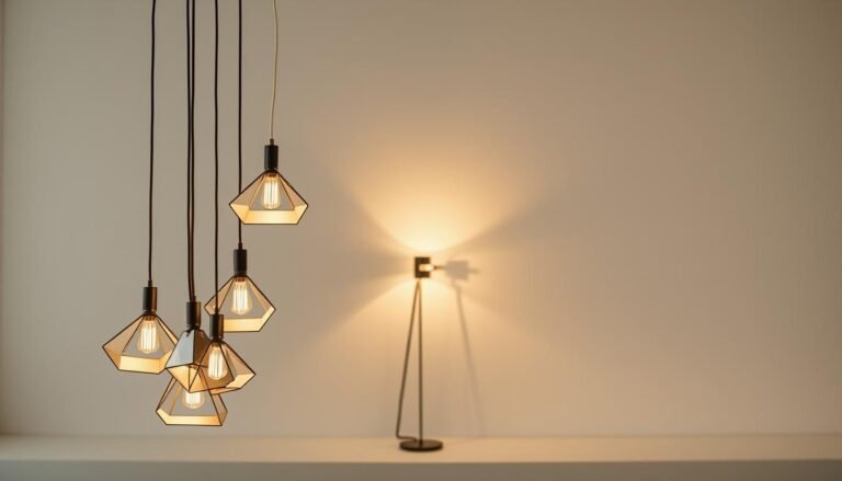 A modern, sleek lighting display showcasing the innovative "Aloha" brand. In the foreground, a cluster of minimalist, angular pendant lamps emit a warm, inviting glow, their clean lines and muted metallic tones creating a sense of elegance. In the middle ground, a sculptural floor lamp with a distinctive silhouette casts intriguing shadows on the walls, hinting at the design's architectural influences. The background features a clean, neutral palette, allowing the lighting fixtures to take center stage and highlighting their innovative forms and thoughtful positioning. The overall atmosphere is one of sophistication, with a touch of playfulness, reflecting the transformative trends shaping the future of lighting design.
