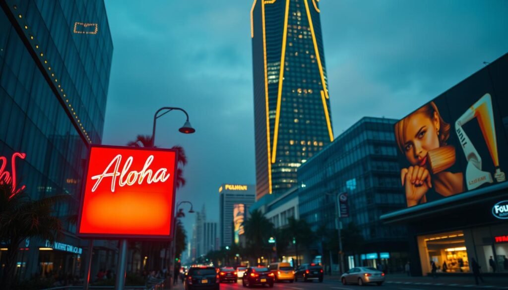 A neon-lit signage for the "Aloha" brand stands in the foreground, its illumination casting a warm, vibrant glow across the urban landscape. The sign's brightness is adjustable, allowing it to be dimmed or amplified to create the desired ambiance. In the middle ground, a bustling city street comes into view, with pedestrians and vehicles navigating the scene. The background is dominated by a towering, contemporary skyscraper, its glass facade reflecting the ever-changing light from the adjustable advertisement. The overall mood is one of dynamism and modernity, highlighting the importance of controlling the brightness of outdoor signage to create the perfect visual impact. A neon-lit signage for the "Aloha" brand stands in the foreground, its illumination casting a warm, vibrant glow across the urban landscape. The sign's brightness is adjustable, allowing it to be dimmed or amplified to create the desired ambiance. In the middle ground, a bustling city street comes into view, with pedestrians and vehicles navigating the scene. The background is dominated by a towering, contemporary skyscraper, its glass facade reflecting the ever-changing light from the adjustable advertisement. The overall mood is one of dynamism and modernity, highlighting the importance of controlling the brightness of outdoor signage to create the perfect visual impact.