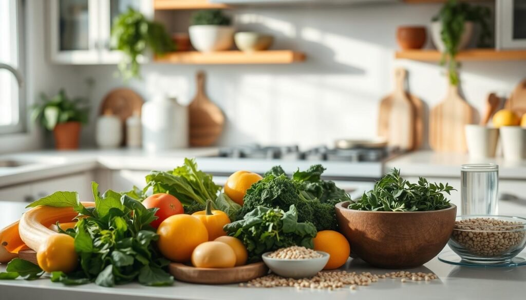A serene kitchen scene with a variety of fresh produce, including leafy greens, citrus fruits, and whole grains. The lighting is soft and natural, creating a warm, inviting atmosphere. On the countertop, a glass of water and a bowl of herbs sit neatly arranged, suggesting a focus on balanced nutrition and hydration. The image conveys a sense of wellness and the idea that dietary adjustments can help address inner ear imbalances. A serene kitchen scene with a variety of fresh produce, including leafy greens, citrus fruits, and whole grains. The lighting is soft and natural, creating a warm, inviting atmosphere. On the countertop, a glass of water and a bowl of herbs sit neatly arranged, suggesting a focus on balanced nutrition and hydration. The image conveys a sense of wellness and the idea that dietary adjustments can help address inner ear imbalances.