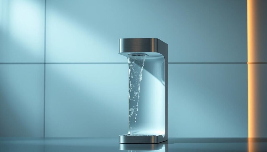 A sleek, modern smart water purifier stands prominently in the center of the frame, its minimalist design and brushed metal accents conveying a sense of technological sophistication. Cascading water flows gracefully from the dispenser, illuminated by soft, diffused lighting that casts a warm, inviting glow. The purifier is situated against a backdrop of clean, contemporary lines, suggesting a seamless integration into a contemporary, high-tech living space. The overall composition emphasizes the purifier's intelligent features and advanced functionality, highlighting the evolution of water purification technology towards a more streamlined, automated, and user-friendly experience. A sleek, modern smart water purifier stands prominently in the center of the frame, its minimalist design and brushed metal accents conveying a sense of technological sophistication. Cascading water flows gracefully from the dispenser, illuminated by soft, diffused lighting that casts a warm, inviting glow. The purifier is situated against a backdrop of clean, contemporary lines, suggesting a seamless integration into a contemporary, high-tech living space. The overall composition emphasizes the purifier's intelligent features and advanced functionality, highlighting the evolution of water purification technology towards a more streamlined, automated, and user-friendly experience.