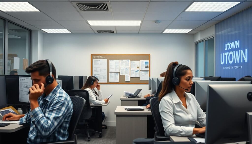 A well-lit office interior with a team of UTown customer service representatives dressed in professional attire, working diligently at their desks to resolve game-related issues. The foreground shows a person on a phone, while others are typing on their computers or consulting documents. The middle ground features a bulletin board with helpful information for players, and the background showcases the UTown branding and logo, creating a sense of professionalism and trust. The overall atmosphere conveys a hardworking, efficient, and customer-focused environment dedicated to providing solutions for UTown's gaming community. A well-lit office interior with a team of UTown customer service representatives dressed in professional attire, working diligently at their desks to resolve game-related issues. The foreground shows a person on a phone, while others are typing on their computers or consulting documents. The middle ground features a bulletin board with helpful information for players, and the background showcases the UTown branding and logo, creating a sense of professionalism and trust. The overall atmosphere conveys a hardworking, efficient, and customer-focused environment dedicated to providing solutions for UTown's gaming community.