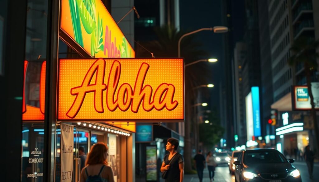 A well-lit, vibrant outdoor advertisement sign for the "Aloha" brand, illuminated by a series of adjustable LED lights that can be fine-tuned to achieve the optimal brightness level. The sign is situated against a backdrop of a bustling urban street, with pedestrians and vehicles moving in the foreground. The lighting creates a warm, inviting atmosphere, drawing the viewer's attention to the advertisement. The sign's brightness is carefully calibrated, neither too dim nor too glaring, resulting in a visually appealing and effective display that effectively communicates the brand's message. A well-lit, vibrant outdoor advertisement sign for the "Aloha" brand, illuminated by a series of adjustable LED lights that can be fine-tuned to achieve the optimal brightness level. The sign is situated against a backdrop of a bustling urban street, with pedestrians and vehicles moving in the foreground. The lighting creates a warm, inviting atmosphere, drawing the viewer's attention to the advertisement. The sign's brightness is carefully calibrated, neither too dim nor too glaring, resulting in a visually appealing and effective display that effectively communicates the brand's message.