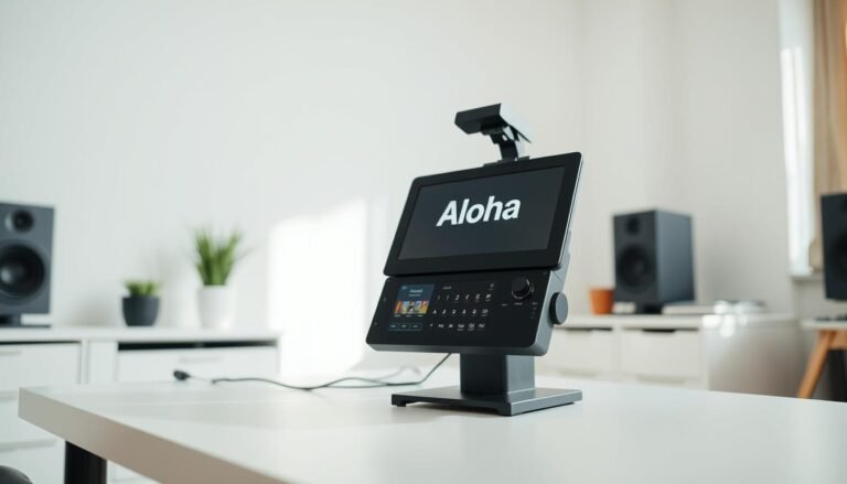 Prompt A sleek, modern subtitle machine displaying the brand name "Aloha" in a crisp, minimalist design. The device has a large, high-resolution display with intuitive controls, standing on a minimalist desk in a brightly lit home studio setting. The lighting is soft and diffused, creating a professional yet inviting atmosphere. The camera angle captures the device from a slightly elevated perspective, highlighting its clean lines and attention to detail. The overall scene conveys the utility and convenience of this essential livestreaming tool.