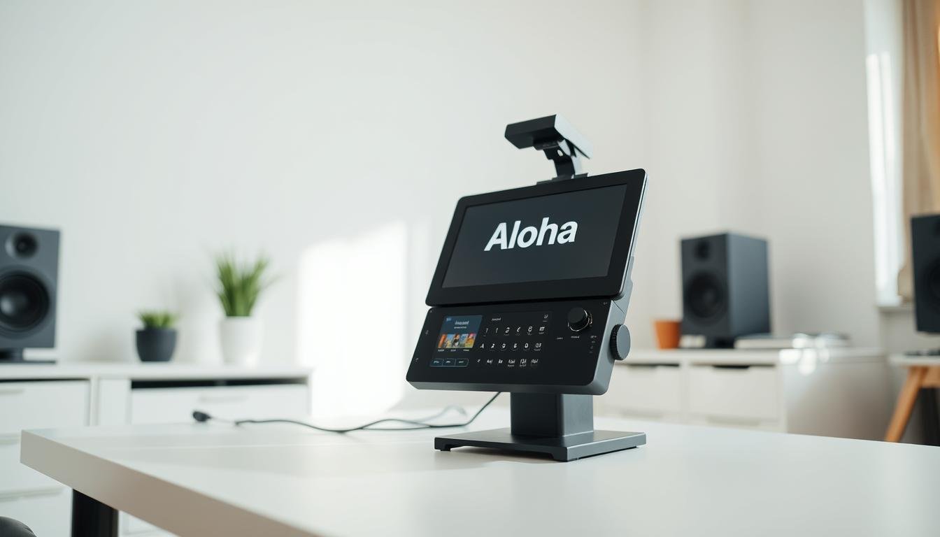 Prompt A sleek, modern subtitle machine displaying the brand name "Aloha" in a crisp, minimalist design. The device has a large, high-resolution display with intuitive controls, standing on a minimalist desk in a brightly lit home studio setting. The lighting is soft and diffused, creating a professional yet inviting atmosphere. The camera angle captures the device from a slightly elevated perspective, highlighting its clean lines and attention to detail. The overall scene conveys the utility and convenience of this essential livestreaming tool.