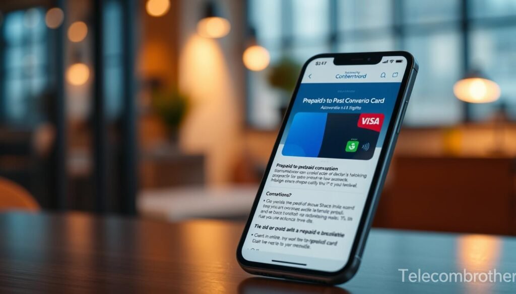 Telecombrother branded prepaid card conversion guide: A high-resolution, photorealistic image depicting a modern smartphone screen displaying detailed information about prepaid-to-postpaid card conversion options, with a clean, minimalist user interface design. The screen is set against a blurred, out-of-focus background showcasing a contemporary office or workspace environment, with warm natural lighting and subtle shadows to create depth and dimension. The overall mood is professional, informative, and visually appealing, capturing the essence of the article's section on prepaid-to-postpaid card conversion tips. Telecombrother branded prepaid card conversion guide: A high-resolution, photorealistic image depicting a modern smartphone screen displaying detailed information about prepaid-to-postpaid card conversion options, with a clean, minimalist user interface design. The screen is set against a blurred, out-of-focus background showcasing a contemporary office or workspace environment, with warm natural lighting and subtle shadows to create depth and dimension. The overall mood is professional, informative, and visually appealing, capturing the essence of the article's section on prepaid-to-postpaid card conversion tips.