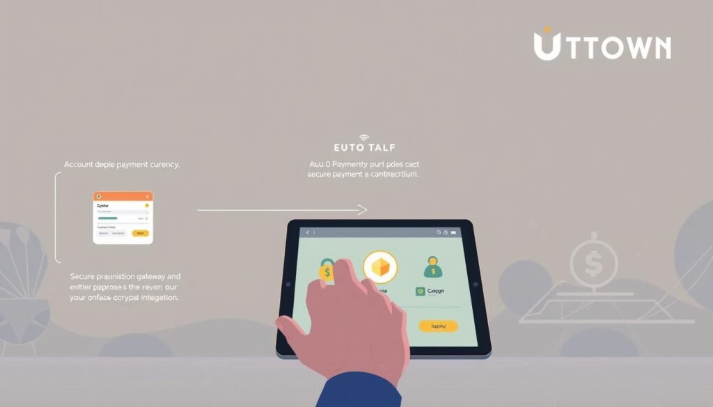 A detailed and visually engaging illustration of the crypto currency purchase process for a UTown entertainment platform. Depicted in a clean, minimalist style, the image showcases a step-by-step walkthrough from account setup to transaction completion. The foreground features a person navigating a sleek, intuitive user interface on a tablet device, while the middle ground highlights secure payment gateways and cryptocurrency wallet integration. The background subtly implies the wider ecosystem of the UTown platform, with subtle branding elements and a calming, futuristic ambiance created through muted colors and soft lighting. The overall composition aims to convey a sense of confidence, accessibility, and trust in the crypto-based entertainment experience.