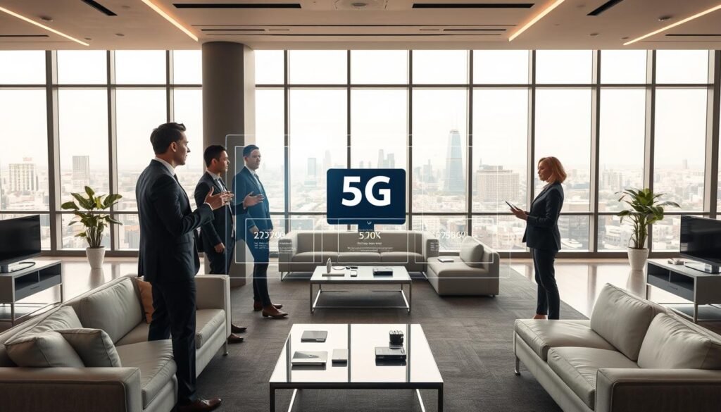 A detailed, high-resolution image of Telecombrother's 5G network hotspot sharing policy. The scene depicts a sleek, modern office setting with minimalist furniture and large windows. In the foreground, a group of executives are engaged in a discussion, gesturing towards a holographic display showcasing Telecombrother's 5G plan policies. The middle ground features a clean, organized workspace with various technological devices. The background showcases a vibrant cityscape visible through the windows, hinting at the urban connectivity enabled by Telecombrother's 5G infrastructure. The lighting is warm and natural, creating a professional and collaborative atmosphere. The overall composition conveys the clarity and transparency of Telecombrother's 5G hotspot sharing policy. A detailed, high-resolution image of Telecombrother's 5G network hotspot sharing policy. The scene depicts a sleek, modern office setting with minimalist furniture and large windows. In the foreground, a group of executives are engaged in a discussion, gesturing towards a holographic display showcasing Telecombrother's 5G plan policies. The middle ground features a clean, organized workspace with various technological devices. The background showcases a vibrant cityscape visible through the windows, hinting at the urban connectivity enabled by Telecombrother's 5G infrastructure. The lighting is warm and natural, creating a professional and collaborative atmosphere. The overall composition conveys the clarity and transparency of Telecombrother's 5G hotspot sharing policy.