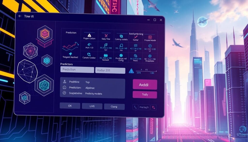 A detailed illustration of the UTown t9 prediction program interface, showcasing its various features and functionalities. The foreground displays the program's main window, with a clean and intuitive design, featuring an input field, prediction options, and interactive controls. The middle ground depicts a range of predictive models and algorithms, represented by abstract geometric shapes and data visualizations. The background sets a futuristic tone, with a cityscape of high-rise buildings and a vibrant, neon-infused color palette, highlighting the program's technological prowess. The overall scene conveys a sense of innovation, efficiency, and the potential of this predictive tool to enhance everyday decision-making.