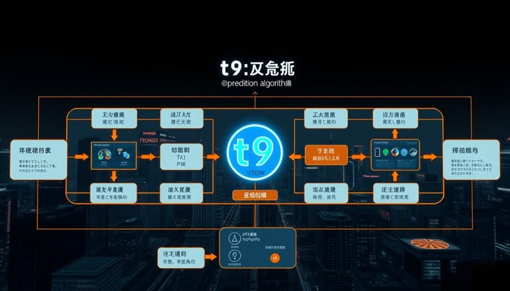 A detailed schematic illustration of the inner workings of a "t9試玩預測程式" software system. The foreground shows the core prediction algorithm, with input data flows and output predictions visualized in a technical, yet visually compelling manner. The middle ground depicts the UTown branding and interface design, highlighting the program's sleek and user-friendly aesthetic. The background features a dark, futuristic cityscape, evoking a sense of high-tech innovation and the program's potential impact on the gaming industry.