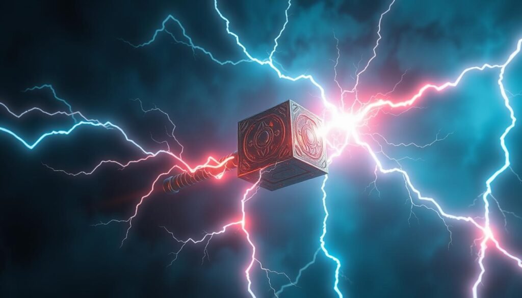 A dynamic 3D illustration depicting the powerful signal of Thor's Hammer, "Mjolnir", against a dramatic, cinematic backdrop. The hammer hovers in the center, exuding a pulsing, electric energy that emanates outward, illuminating the scene. Bolts of lightning crackle and dance around the hammer, casting dramatic shadows. The composition is balanced, with the hammer as the focal point, surrounded by an intense, moody atmosphere. The lighting is a combination of cool, blue tones and warm, fiery accents, creating a sense of mysticism and power. The overall aesthetic evokes a sense of mythic grandeur, befitting the legendary weapon of the Norse god of thunder. UTown