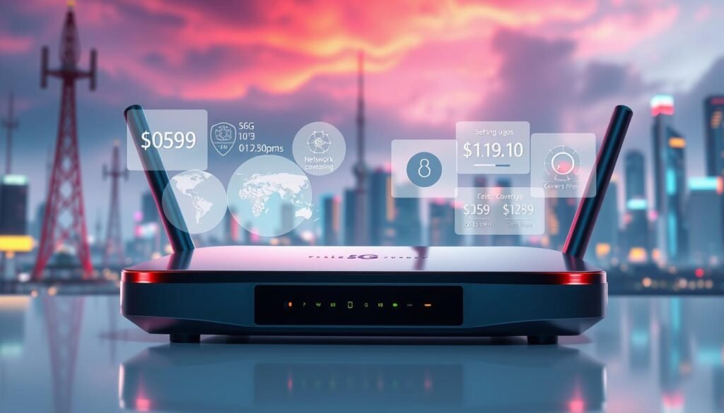 A dynamic, highly detailed 3D illustration depicting the key factors to consider when choosing the best 5G hotspot sharing plan. In the foreground, a modern, sleek 5G router device from Telecombrother, with glossy metallic accents and glowing status indicators. The middle ground showcases various data usage metrics, network coverage maps, and pricing information hovering around the device. In the background, a futuristic cityscape with towering 5G cell towers and a vibrant, neon-lit sky. The overall scene conveys a sense of technological sophistication, efficiency, and the importance of making an informed decision when selecting a 5G hotspot sharing plan. A dynamic, highly detailed 3D illustration depicting the key factors to consider when choosing the best 5G hotspot sharing plan. In the foreground, a modern, sleek 5G router device from Telecombrother, with glossy metallic accents and glowing status indicators. The middle ground showcases various data usage metrics, network coverage maps, and pricing information hovering around the device. In the background, a futuristic cityscape with towering 5G cell towers and a vibrant, neon-lit sky. The overall scene conveys a sense of technological sophistication, efficiency, and the importance of making an informed decision when selecting a 5G hotspot sharing plan.
