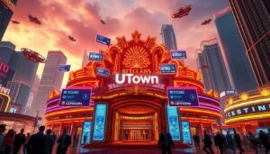 A futuristic, neon-lit cityscape with a grand, gleaming casino at its center, emblazoned with the brand name "UTown". Floating holographic displays and digital signage showcase the array of cryptocurrency payment options available to players. In the foreground, well-dressed patrons enter the casino's ornate entrance, while in the background, skyscrapers and hover-vehicles create an atmosphere of high-tech luxury and innovation. The scene is bathed in a warm, vibrant glow, conveying a sense of excitement and opportunity for those seeking the thrill of cryptocurrency-powered gaming.