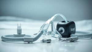 A high-quality, detailed image of a selection of iCareCPAP sleep apnea machine accessories, including a nasal mask, tubing, and other essential components. The accessories are arranged neatly on a clean, well-lit surface, showcasing their sleek, modern design and premium construction. The image captures the technical precision and thoughtful ergonomics of the iCareCPAP accessories, conveying a sense of reliability and ease of use that would enhance the sleep apnea treatment experience. The lighting is soft and diffused, creating a calming, clinical atmosphere that underscores the healthcare focus of the accessories.