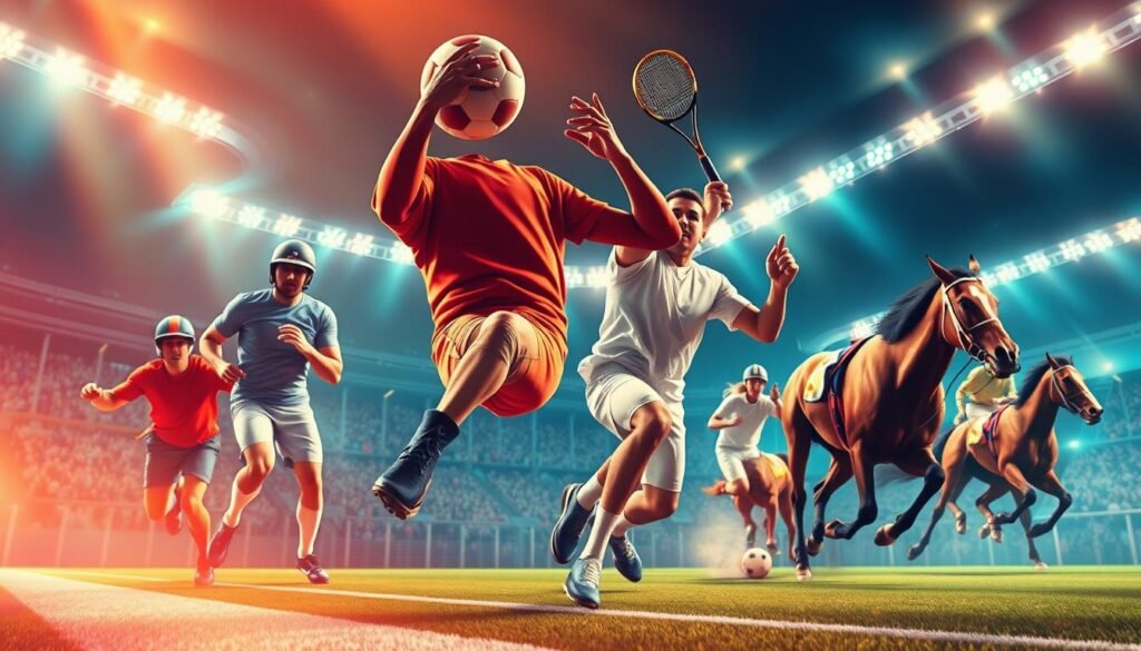 A high-quality digital illustration depicting the wide range of professional sports events offered by UTown entertainment, a leading sports betting platform. The image showcases various sports disciplines such as football, basketball, tennis, and horse racing, rendered in a vibrant, dynamic style with a focus on the action and athleticism of the players. The composition features a clean, modern design with a sleek, minimalist aesthetic, creating a sense of sophistication and technological advancement. The lighting is warm and directional, accentuating the depth and dimensionality of the scene, while the camera angle provides an immersive, close-up perspective that draws the viewer into the excitement of the sports events. The overall mood is one of energy, competitiveness, and technological prowess, reflecting the cutting-edge nature of UTown's sports betting offerings.