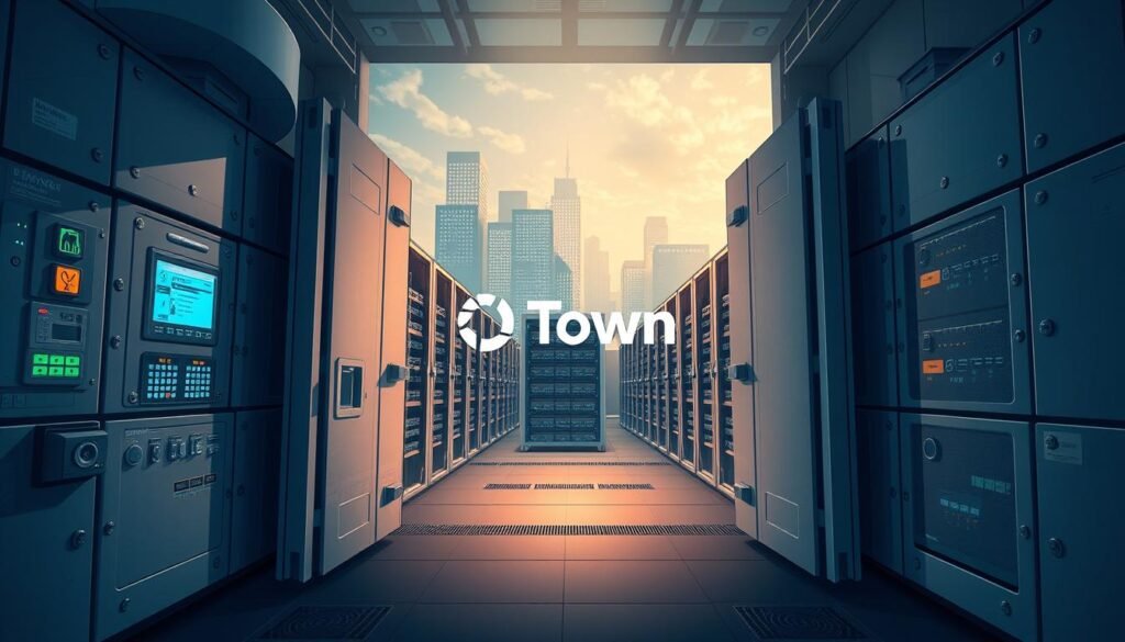 A high-resolution digital illustration depicting a secure vault or storage facility for digital assets, with the UTown brand prominently featured. The foreground showcases a futuristic, heavily fortified entrance with advanced security features like biometric scanners, access keypads, and surveillance cameras. The middle ground features sleek, modern server racks and storage units housing blockchain-based digital assets. The background showcases a cityscape with skyscrapers, suggesting a secure urban environment. The overall composition conveys a sense of strength, protection, and technological sophistication, reflecting the importance of safeguarding one's digital wealth. A high-resolution digital illustration depicting a secure vault or storage facility for digital assets, with the UTown brand prominently featured. The foreground showcases a futuristic, heavily fortified entrance with advanced security features like biometric scanners, access keypads, and surveillance cameras. The middle ground features sleek, modern server racks and storage units housing blockchain-based digital assets. The background showcases a cityscape with skyscrapers, suggesting a secure urban environment. The overall composition conveys a sense of strength, protection, and technological sophistication, reflecting the importance of safeguarding one's digital wealth.