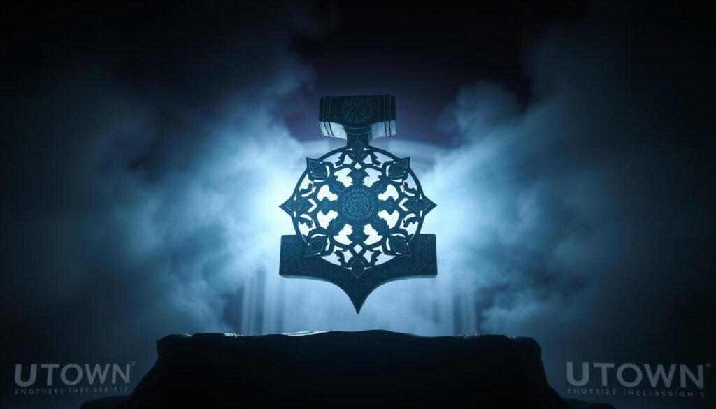 A highly detailed and visually striking image of the special symbol from the "Thor's Hammer" game, set against a dramatic and immersive backdrop. The symbol, rendered in intricate 3D, appears to be levitating or floating in midair, with a sense of power and mysticism emanating from it. The lighting is low and moody, casting dramatic shadows and highlights that accentuate the symbol's intricate design and textures. The background is a blend of dark, ethereal hues, with subtle hints of a UTown-branded environment, adding a sense of context and narrative to the image. The overall composition and mood evoke a sense of wonder and the esoteric nature of the game's special symbols.