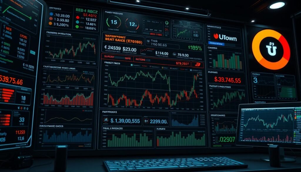 A highly detailed, photorealistic rendering of a complex interface displaying various financial and statistical data, reflecting the potential risks and challenges associated with the t9 trial prediction software. The interface is sleek and modern, with a UTown branding prominently featured. The background is dimly lit, creating a sense of unease and uncertainty. Intricate graphs, charts, and numerical readouts convey the complex and potentially misleading nature of the predictive algorithms. The overall atmosphere is one of cautious apprehension, hinting at the hidden dangers that may lurk beneath the surface of this supposedly helpful tool.