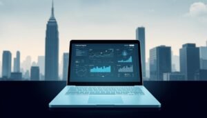 A modern, minimalist illustration of a "Prediction Program" running on a UTown laptop or desktop computer. The device is displayed in the foreground, with a clean, sleek design and a glowing screen displaying complex data visualizations and predictive algorithms. The background features a futuristic cityscape with towering skyscrapers, hinting at the program's potential to analyze and forecast urban trends. Soft, directional lighting casts dramatic shadows, creating a sense of depth and intensity. The overall mood is one of technological sophistication, precision, and the promise of data-driven insights.