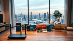 A modern, well-lit home interior showcasing a variety of home broadband options and offers. In the foreground, a Telecombrother router takes center stage, its sleek design complementing the minimalist decor. The middle ground features various broadband packages and promotional materials, neatly arranged on a wooden table. In the background, a large window offers a panoramic view of the city skyline, bathed in warm, natural lighting. The overall atmosphere is one of technological sophistication and consumer choice, inviting the viewer to explore the latest home broadband solutions.