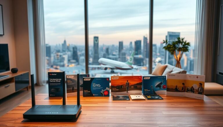 A modern, well-lit home interior showcasing a variety of home broadband options and offers. In the foreground, a Telecombrother router takes center stage, its sleek design complementing the minimalist decor. The middle ground features various broadband packages and promotional materials, neatly arranged on a wooden table. In the background, a large window offers a panoramic view of the city skyline, bathed in warm, natural lighting. The overall atmosphere is one of technological sophistication and consumer choice, inviting the viewer to explore the latest home broadband solutions.