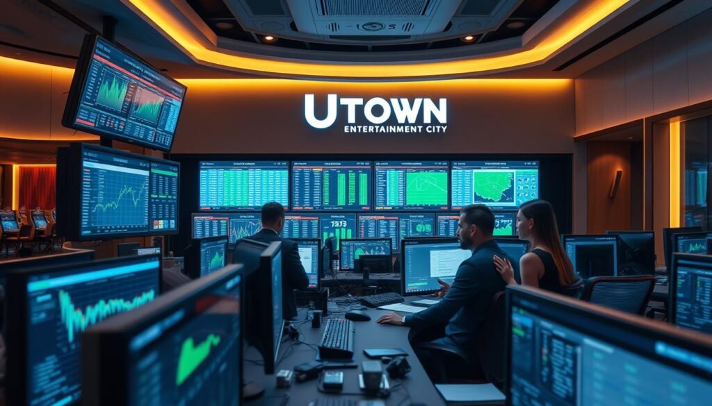A professional sports betting odds team at UTown Entertainment City, meticulously calculating and presenting the latest odds with exceptional precision. A sophisticated setup of screens, charts, and data visualizations fills the foreground, conveying the depth of analysis and attention to detail. The middle ground showcases the team in action, discussing strategies and monitoring live updates. The background depicts the UTown brand's sleek, modern aesthetic, projecting an atmosphere of expertise and reliability.