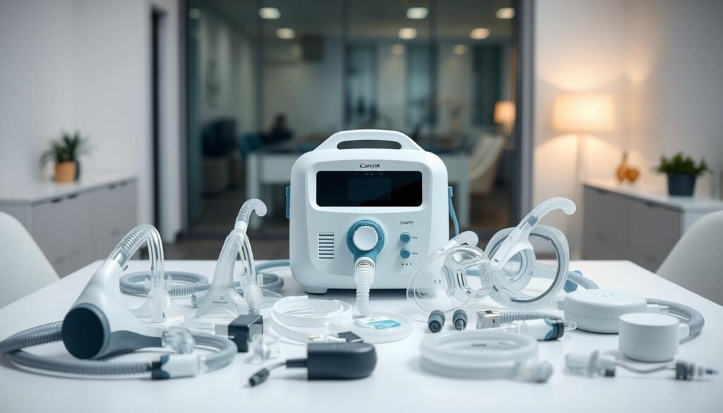 A professional, well-lit product photograph of a selection of accessories for the iCareCPAP sleep apnea breathing machine, arranged neatly on a white table. The foreground features a variety of masks, tubing, and other attachments in different sizes and styles, showcasing the diversity of options available. The middle ground has the iCareCPAP machine itself, prominently displayed. The background has a soft, out-of-focus view of a modern, minimalist office space, suggesting a professional, medical setting. The lighting is soft and even, highlighting the clean, high-quality design of the products. The overall mood is one of expertise, precision, and the careful consideration of personalized sleep therapy solutions. A professional, well-lit product photograph of a selection of accessories for the iCareCPAP sleep apnea breathing machine, arranged neatly on a white table. The foreground features a variety of masks, tubing, and other attachments in different sizes and styles, showcasing the diversity of options available. The middle ground has the iCareCPAP machine itself, prominently displayed. The background has a soft, out-of-focus view of a modern, minimalist office space, suggesting a professional, medical setting. The lighting is soft and even, highlighting the clean, high-quality design of the products. The overall mood is one of expertise, precision, and the careful consideration of personalized sleep therapy solutions.