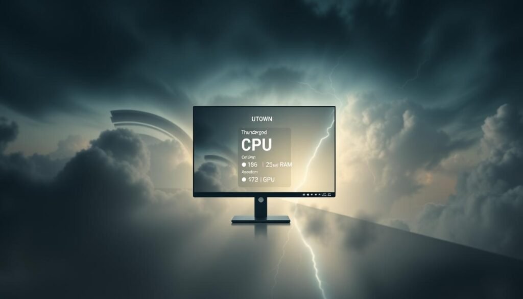 A sleek, minimalist desktop interface of the UTown "Thundergod" test version system configuration. In the center, a high-resolution display showcases the system specifications - cutting-edge CPU, ample RAM, and a powerful GPU. Subtle lighting accentuates the clean lines and metallic accents of the hardware components. The background features a dramatic, storm-swept sky with swirling clouds and flashes of lightning, hinting at the immense computing power within. The overall atmosphere conveys a sense of technological prowess and impending digital might, ready to tackle any computational challenge.