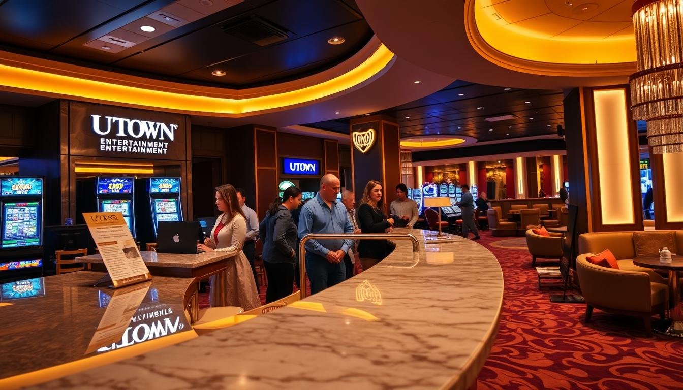 A sleek, modern interior of the UTown entertainment casino, bathed in warm, ambient lighting. In the foreground, a well-appointed cashier's desk with a polished marble countertop, surrounded by elegant decor and signage. The middle ground features a queue of patrons waiting to process their withdrawals, their expressions conveying a sense of ease and efficiency. The background showcases the luxurious VIP lounge, with plush seating and a tranquil atmosphere, inviting visitors to enjoy a seamless, secure cashout experience.