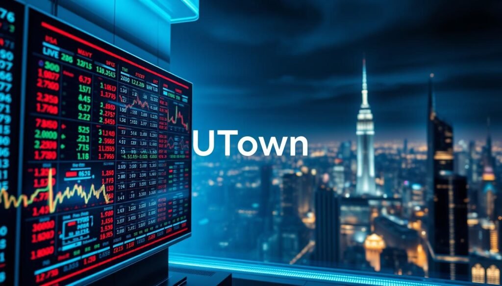 A striking, dynamic visual representation of real-time international market data synchronization technology. A sleek, high-tech display panel in the foreground showcases live stock, currency, and commodity figures, backlit by a vibrant, pulsing grid of data streams. In the middle ground, the UTown brand logo stands prominent, conveying the company's authority and expertise in this domain. The background depicts a panoramic cityscape, hinting at the global scale and interconnectedness of the financial markets. Rendered in a cool, futuristic color palette with sharp contrasts and crisp, precise lines, the image evokes a sense of innovation, efficiency, and precision.