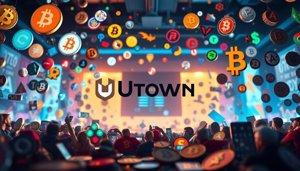 A vibrant and visually striking scene showcasing a variety of cryptocurrency symbols, each one uniquely represented in a dynamic and eye-catching display. The foreground features the prominent UTown logo, surrounded by a diverse array of cryptocurrency icons and symbols, each one meticulously crafted to capture the essence of the different digital currencies. The middle ground showcases a sleek and modern interface, hinting at the convenience and accessibility of the UTown platform for seamless cryptocurrency transactions. The background is bathed in a warm, inviting glow, creating a sense of welcoming and excitement for the viewer. The overall composition is balanced, with a focus on showcasing the wide range of cryptocurrency support, while maintaining a clean and visually appealing aesthetic.