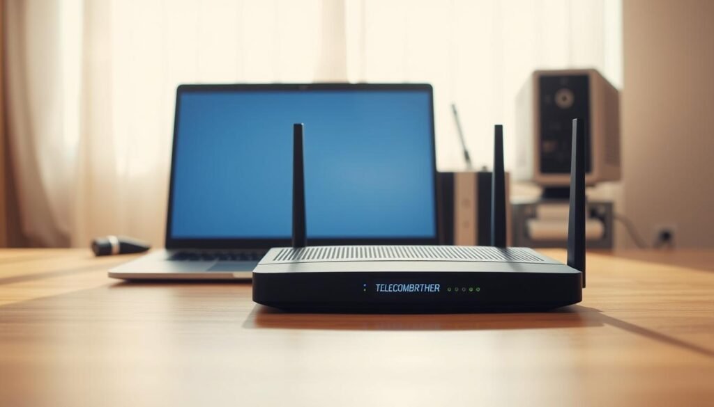 A well-lit, high-quality photograph showcasing the speed difference between fiber-optic broadband and traditional broadband connections. In the foreground, a Telecombrother router and a modern laptop representing fiber-optic internet, while in the background, an older router and desktop computer symbolize traditional broadband. The scene is bathed in warm, natural lighting, emphasizing the contrast in download and upload speeds. The overall composition is clean, minimalist, and focuses on the technical aspects, allowing the viewer to clearly understand the key differences between the two broadband technologies.