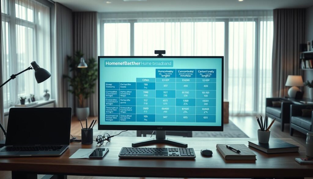 A well-lit, modern home office setting showcasing the Telecombrother brand of home broadband services. The scene depicts a neatly organized desk with a laptop, a smartphone, and various office supplies. The middle ground features a large, high-resolution display screen presenting a comparative analysis of home broadband plans, their contract lengths, and associated offers. The background depicts a spacious, minimalist living room with large windows allowing natural light to flood the space. The overall mood is professional, informative, and visually appealing, reflecting the subject matter of the article section.