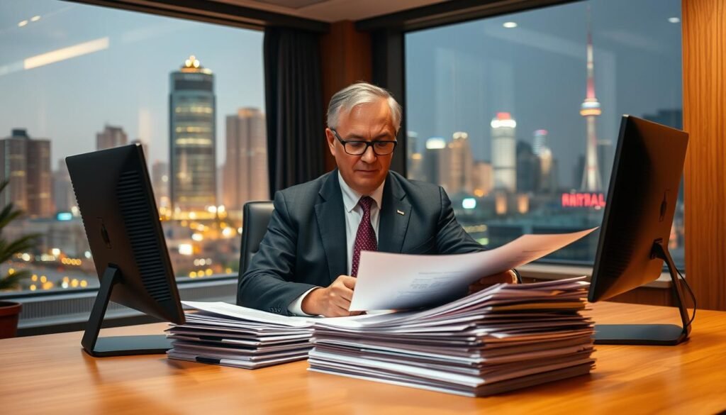 A well-lit office scene with a desk, computer, and stack of documents, representing the paperwork and administrative process involved in a private microloan application. A middle-aged professional in a suit sits at the desk, intently reviewing documents. The background features a window overlooking a bustling urban landscape, conveying the broader financial and economic context. The lighting is a warm, focused glow, creating a sense of diligence and seriousness. The overall mood is one of careful consideration and attention to detail, reflecting the thorough underwriting process for a private microloan.