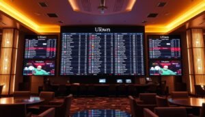 Detailed sports betting odds board in a modern, well-lit UTown casino lounge. The board displays a variety of international sports events with live, dynamic odds updates. The layout is clean and organized, with a sleek, minimalist design. The lighting is warm and inviting, creating a sophisticated atmosphere. The board is the focal point, surrounded by comfortable seating and discreet service areas. The overall scene conveys a sense of excitement and anticipation for the upcoming games, while maintaining an air of elegance and professionalism befitting a premier sports betting establishment.