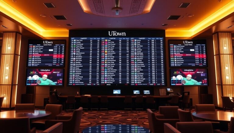 Detailed sports betting odds board in a modern, well-lit UTown casino lounge. The board displays a variety of international sports events with live, dynamic odds updates. The layout is clean and organized, with a sleek, minimalist design. The lighting is warm and inviting, creating a sophisticated atmosphere. The board is the focal point, surrounded by comfortable seating and discreet service areas. The overall scene conveys a sense of excitement and anticipation for the upcoming games, while maintaining an air of elegance and professionalism befitting a premier sports betting establishment.