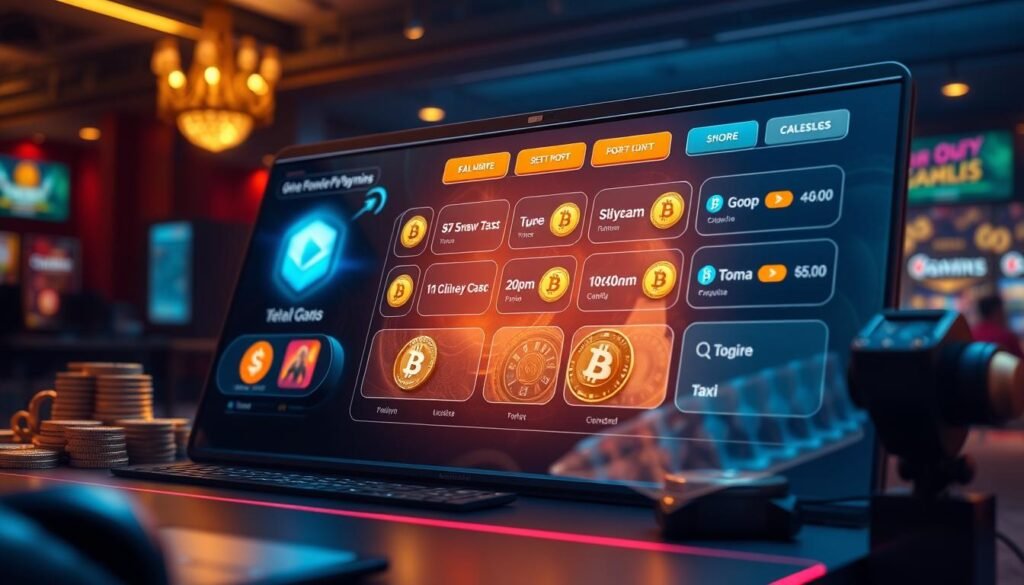 Generate an image of a gaming platform with various cryptocurrency payment options.
