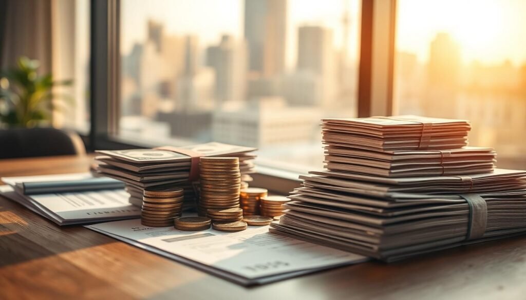 A close-up shot of stacks of cash, coins, and financial documents on a wooden table, conveying the concept of private lending. The scene is bathed in warm, golden lighting, creating an atmosphere of trust and reliability. In the background, a blurred city skyline is visible through a window, suggesting the urban context of this financial service. The layout is clean and uncluttered, allowing the viewer to focus on the core elements of private lending. The overall impression is one of professionalism, accessibility, and the potential for financial solutions.